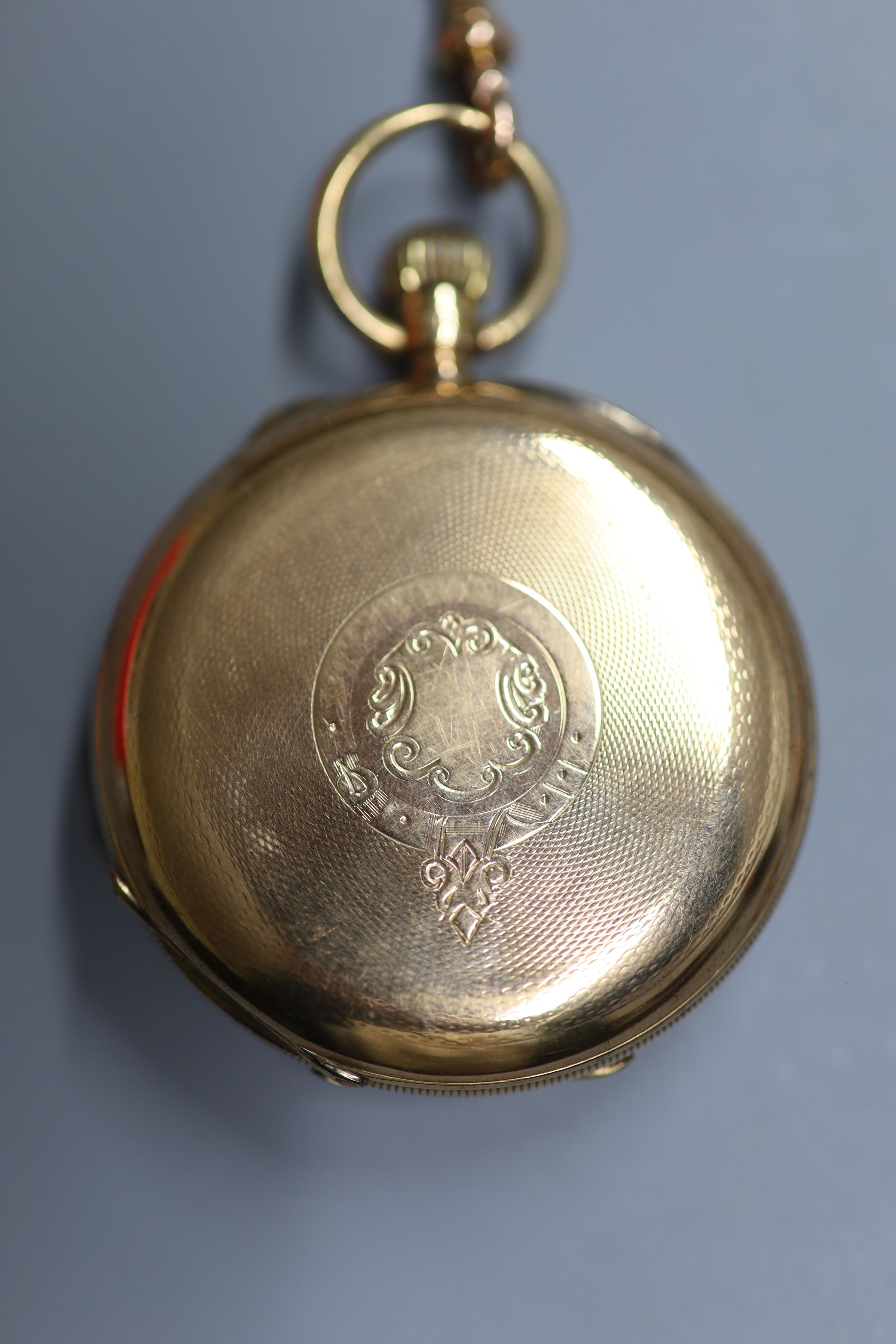 A George V 9ct gold half hunter keyless lever pocket watch The Field by J.W. Benson, together with a 9ct gold albert,